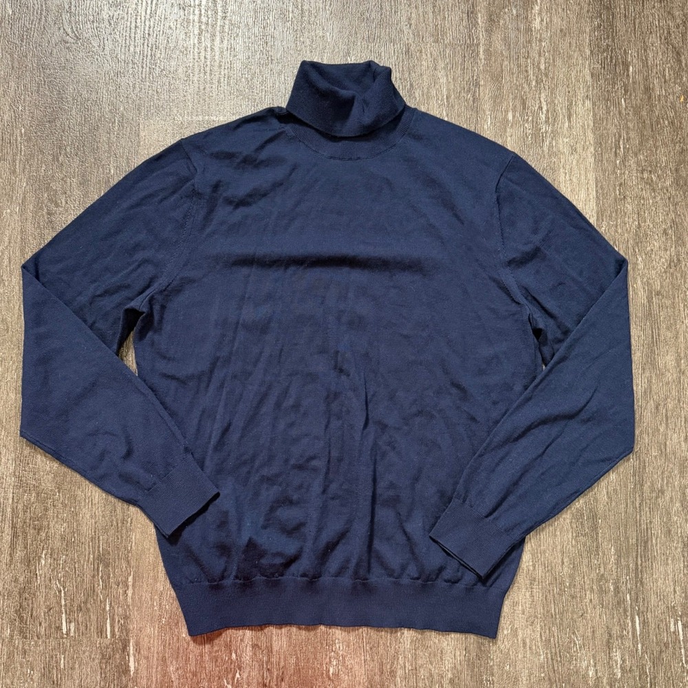 Mango MNG Mens Merino Wool Turtleneck Sweater Navy Blue Large